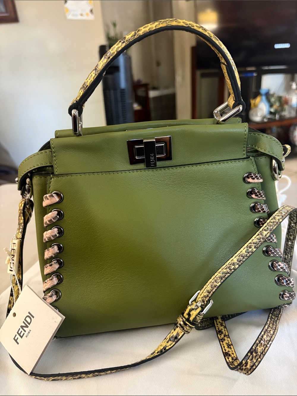 Fendi Olive Green Leather Top-Handle Satchel with Snake-Print Strap